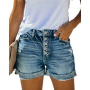 Women's High Waist Denim Casual Shorts with Pockets Blue S